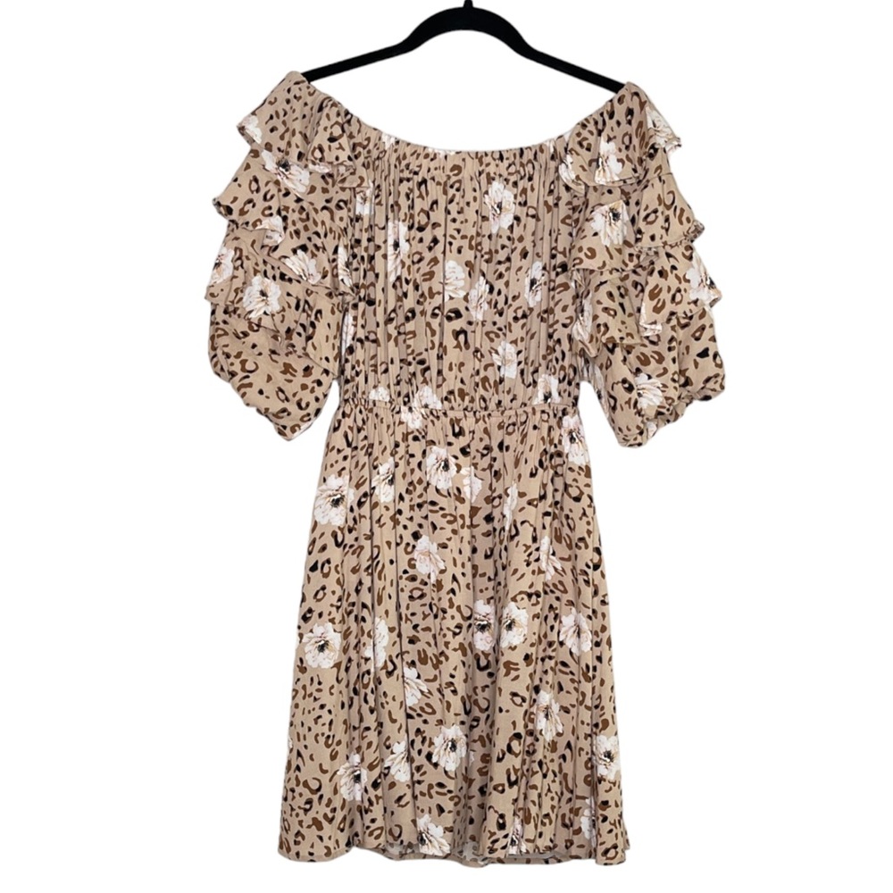 Entro Floral Dress Ruffle Tan White Leopard Print Mini Off Shoulder SZ Small